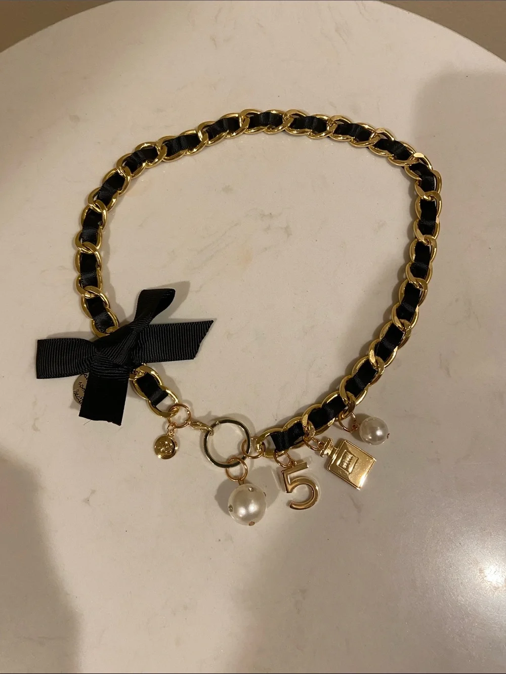 Black and Gold Charm Necklace with Pearls And Chanel Charms